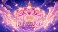 Fantasy Carousel in Dreamy Sky with Illuminated Unicorns and Clouds Royalty Free Stock Photo