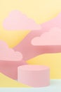 Fantasy cartoon abstract scene mockup - round pink podium, mountain landscape pink, yellow, mint color, clouds, vertical. Template