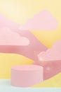 Fantasy cartoon abstract scene mockup - round pink podium, mountain landscape - pink, yellow, mint, sun blinks, clouds, vertical.