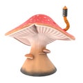 Fantasy cartoon big mushroom with a pipe on an isolated white background, 3d illustration Royalty Free Stock Photo