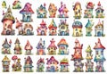 Fantasy cartoon collection of cute fairy houses, watercolor elven houses isolated on white background, fairytale clipart set. Royalty Free Stock Photo