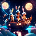 Fantasy cartoon illustration of three rabbits in a boat on the moonlight AI Generated