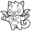 Fantasy cartoon kitten with horns, wings and bells