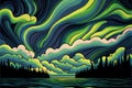 Fantasy cartoon northern sky abstract background.
