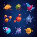 Fantasy cartoon planet. Fantastic alien planets. Space world game vector elements