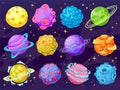 Fantasy cartoon planets. Multicolor cosmic planet objects for game design, fantastic galaxy world space universe ui