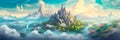 fantasy castle atop a misty mountain, with colorful banners and a sense of enchantment, evoking a fairy tale ambiance.