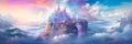 fantasy castle atop a misty mountain, with colorful banners and a sense of enchantment, evoking a fairy tale ambiance.