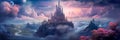 fantasy castle atop a misty mountain, with colorful banners and a sense of enchantment, evoking a fairy tale ambiance.