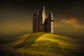 Fantasy castle behind the green grass hill