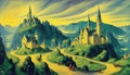 Fantasy Castle city anime art of magestic fortess in fairy land royal background ai generated