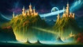 Fantasy Castle city anime art of magestic fortess in fairy land royal background ai generated