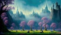 Fantasy Castle city anime art of magestic fortess in fairy land royal background ai generated