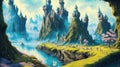 Fantasy Castle city anime art of magestic fortess in fairy land royal background ai generated