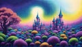 Fantasy Castle city anime art of magestic fortess in fairy land royal background ai generated