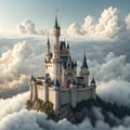 Fantasy castle on a cliff surrounded by clouds under a blue sky Royalty Free Stock Photo