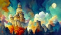 Fantasy castle in the clouds under the moon. Ancient castle with a tower in the clouds. Imitation of oil painting. AI