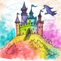 A fantasy castle with a dragon and knights, in a kids crayon art style