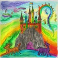 A fantasy castle with a dragon and knights, in a kids crayon art style