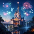 Fantasy castle with fireworks and fairy flying over a lake at night Royalty Free Stock Photo