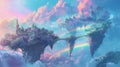 Fantasy castle on floating islands with rainbow and clouds Royalty Free Stock Photo