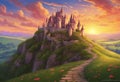 Fantasy Castle on a Hilltop: Enchanted Skies and Rolling Hills