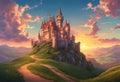 Fantasy Castle on a Hilltop: Enchanted Skies and Rolling Hills