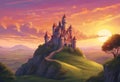 Fantasy Castle on a Hilltop: Enchanted Skies and Rolling Hills