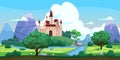 Fantasy castle landscape, green hills, trees, spring, river, mountains, panorama. Vector cartoon background illustration Royalty Free Stock Photo