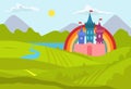 Fantasy castle landscape, vector illustration, medieval kingdom tower from fairy tale, palace architecture with flags