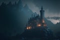 Fantasy castle in the mountains at night. 3D illustration. Royalty Free Stock Photo