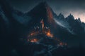 Fantasy castle in the mountains at night. 3D illustration. Royalty Free Stock Photo