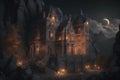 Fantasy castle in the mountains at night. 3D illustration. Royalty Free Stock Photo