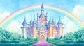 Fantasy Castle with Rainbow at Sunset Royalty Free Stock Photo