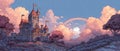 Fantasy Castle with Rainbow at Sunset Royalty Free Stock Photo
