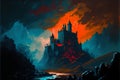 Fantasy castle on the shore of the lake. Digital painting. Royalty Free Stock Photo