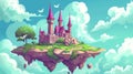 Fantasy castle in sky cartoon landscape. Magic fairytale flying kingdom tower in fantasy heaven dream scene. Summer Royalty Free Stock Photo