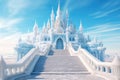 Fantasy castle in the snow. 3D render. Fantasy theme. A beautiful architectural castle with large steps on the stairs surrounded