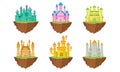 Fantasy Castles and Fortresses Floating in the Air Standing on Clot Vector Set