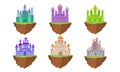 Fantasy Castles and Fortresses Floating in the Air Standing on Clot Vector Set