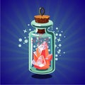 Fantasy catoon bottle with crystal. Bright magic stone. Game design concept.