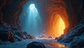 Fantasy cave exploration. Interior view of mysterious landscape. Warm, cold contrasts of light and shadow create dramatic Royalty Free Stock Photo