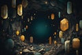 A fantasy cave with a lot of golden stones