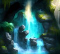Fantasy Cave Waterfall, Generative AI Illustration