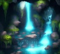 Fantasy Cave Waterfall, Generative AI Illustration