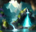 Fantasy Cave Waterfall, Generative AI Illustration