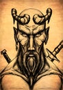 Fantasy character close up, brutal warrior, man, with horns and bald head