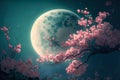 Fantasy cherry blossom (sakura flowers) in night skies with full moon. Generative AI Royalty Free Stock Photo