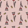 Fantasy childish pink flower and bud, seamless pattern background textile design