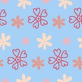 Fantasy childish pink flower, seamless pattern blue background textile design